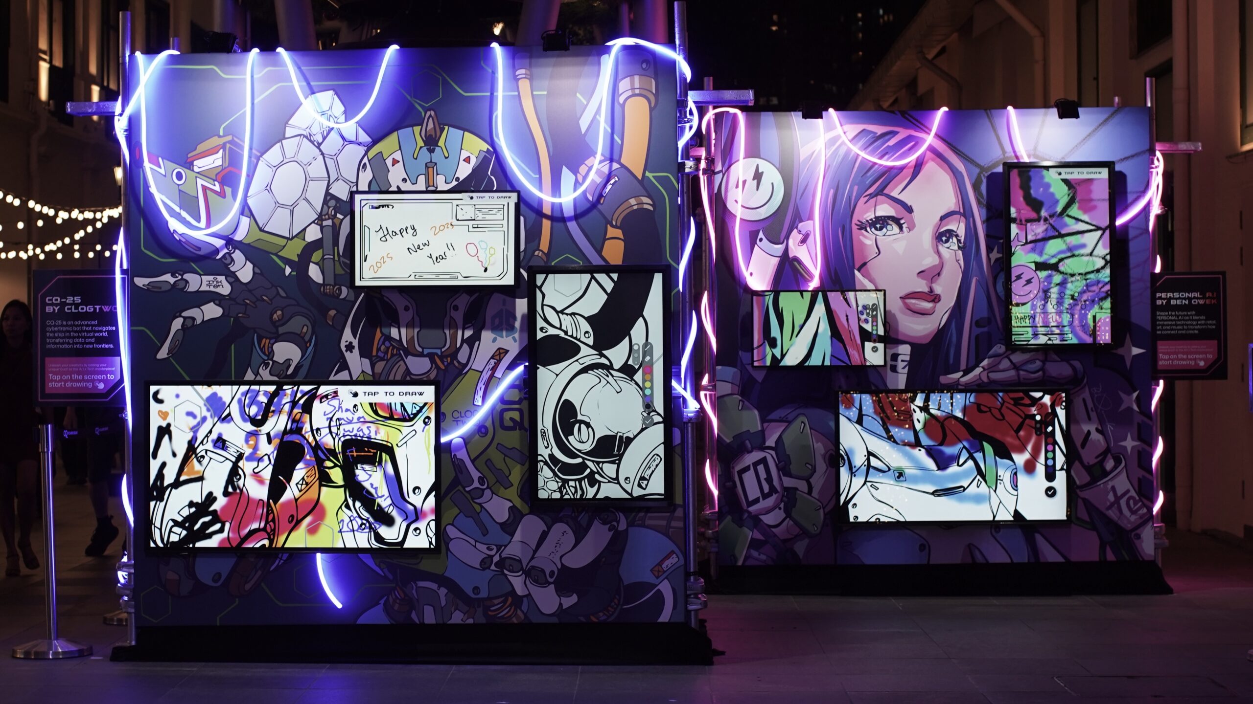 Touch screen rental setup at Clarke Quay Singapore for interactive art exhibition
